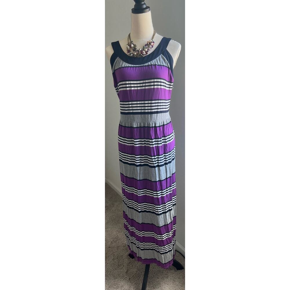 a.n.a. Maxi Purple Black Gray White Striped Sleeveless Slit Sides Dress Woman 1X